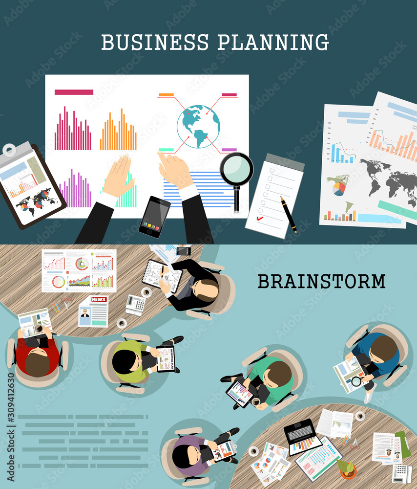 Aufkleber flat design modern vector illustration concept of project management business analysis and planning.