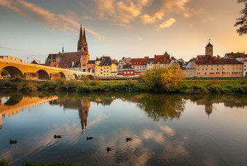 The Sunset at the old city of Regensburg at the shore of Danube River, Germany.