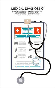 Medical checkup report data in flat design.Clipboard in his hand doctor. Doctor takes notes in a Clipboard. Medical report, medical background. Vector, flat design. Patient care.