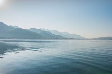Obraz premium Bijela, Bay of Kotor, Montenegro. Sea and mountains in perspective, early in the morning, sunrise.