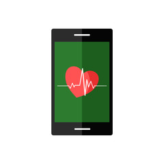 Smartphone app heart rate illustration. Flat style. Isolated on white background. 