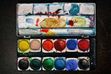 topdown view at paintbox on table