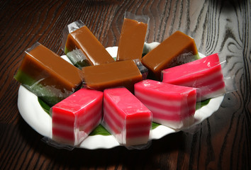Various Jelly. Chocolate Jelly and Strawberry Jelly. Traditional cake from asian