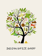 Obraz premium Spice shop, concept image, herbs and spices collection on tree for your design