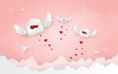 Paper art, Craft style of Letter with wings flying on the sky, Love and Happy Valentine's Day