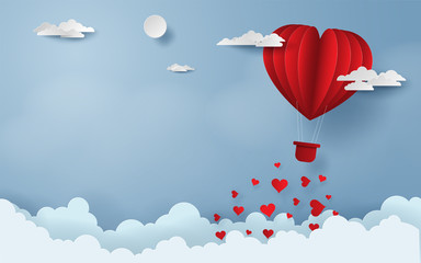 Fototapeta na wymiar Paper art, Craft style of Red balloon flying on the sky, Happy Valentine's Day