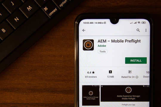 Ivanovsk, Russia - July 07, 2019: AEM - Mobile Prelight app on the display of smartphone or tablet.