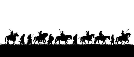 Fototapeta na wymiar silhouette of group of medieval warriors on the expedition, vector black illustration on white background