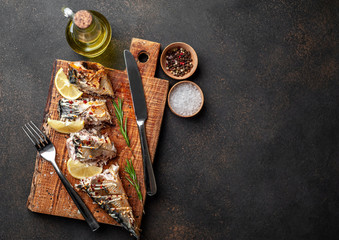 Fototapeta na wymiar baked mackerel on a cutting board with lemon and spices on a stone background with copy space for your text