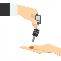 Vector car rental or sale concept in flat style - hand holding car key