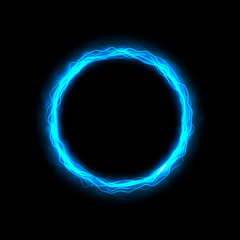 Round neon frame with luminous and wave lines. Glowing light ring. Vector illustration.