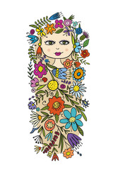 Pretty female face with floral hairstyle for your design