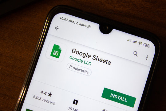 Ivanovsk, Russia - July 07, 2019: Google Sheets app on the display of smartphone or tablet.