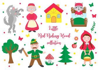 Cute Little Red Riding Hood set objects. Collection design element with pretty girl and her grandmother, wolf, woodman and trees. Kids baby clip art funny smiling character. Vector iillustration