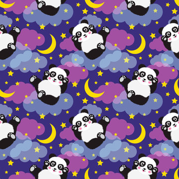 Good Night seamless pattern with cute panda bear, moon, stars and clouds. Sweet dreams background.