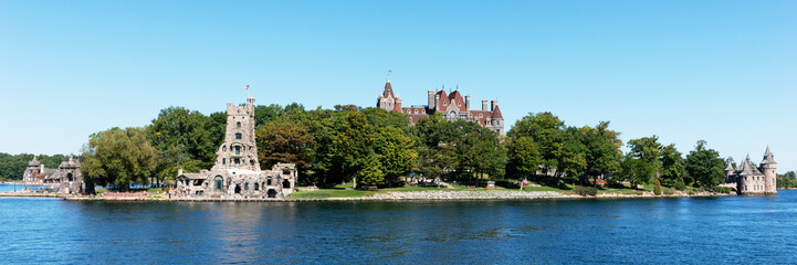 Panorama from the historic Boldt Castle in the 1000 Islands region of New York State on Heart Island in St. Lawrence River