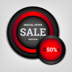 Sale button, special offer discount up to 50% off. Discount banner on a gray background with black and red buttons. Vector illustration. Design for paper, prints, brochures, covers, banners etc.