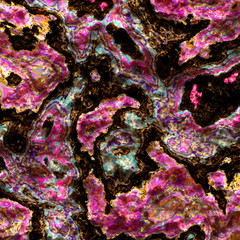 Background of pink, black, golden and turquoise colored raw marble