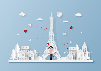 Origami Paper art of Cute couple in town with Eiffel tower in Valentine's day, Love and Happy Valentine's Day