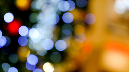abstract blur image of christmas tree and bokeh light in department store