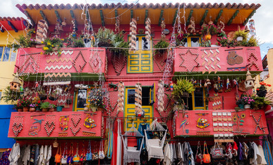 House in strong colors and much decoration in Ráquira, Boyacá, Colombia