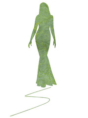 Slim lady in long gown walking. Broccoli floret close-up in female fit figure. On your way to healthy diet and harmony with nature. Healthy eating and weight loss concept. Stay in shape