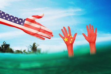 Concept on the topic of help to China by American colleagues in a difficult situation. International relationships