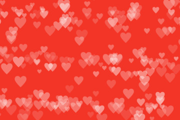 Fototapeta na wymiar Blurred heart shaped bokeh on red background. Valentine's day and love concept