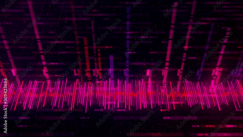 Poster digital waveform equalizer during working process on black background, seamless loop. animation. tec