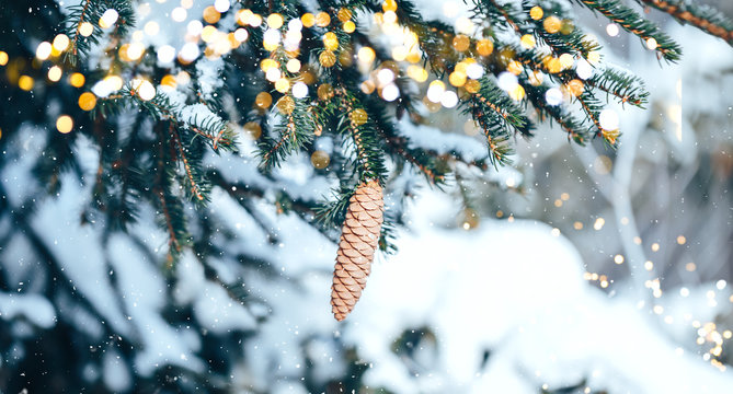 Christmas tree outdoor with snow, lights bokeh around, and snow falling, Christmas atmosphere. Happy New Year