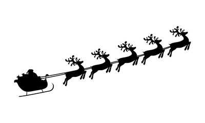 Christmas reindeers are carrying Santa Claus in a sleigh with gifts.