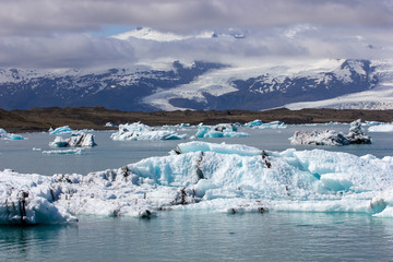 Jökulsárlón glacial lagoon with icebergs during summer in Iceland.