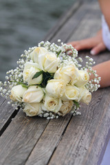Stunning bridal bouquet. Wedding ceremony. Modern bridal accessories. Wedding flowers