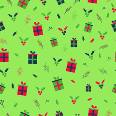 New Year and Christmas seamless pattern with berries, leaves, and gifts. Can be used for wrapping paper, wallpaper, pattern fills, surface textures, and fabric prints.