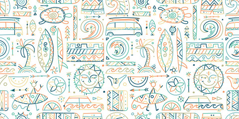 Surfing seamless pattern. Tribal elements for your design - obrazy, fototapety, plakaty