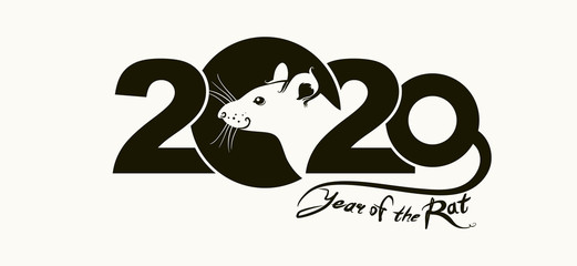 Stylish template 2020 with a white rat. Chinese New Year of the Rat. Happy New Year. Wise Rat 2020. New Year on the Chinese calendar.