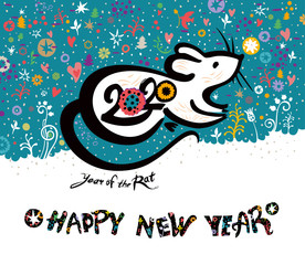 Chinese New Year 2020 with a beautiful illustration of the cute white Rat on a floral background of stylized vibrant nature. Flat vector graphics.