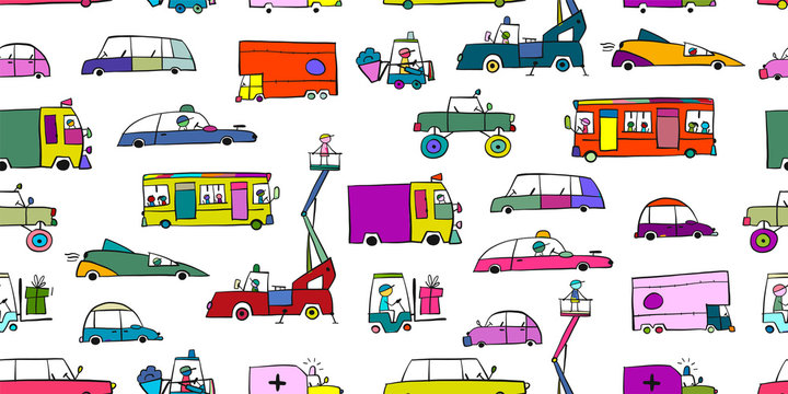 Baby toy cars collection, seamless pattern for fabric design