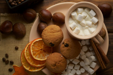 Muffins and coffee with marshmallows.