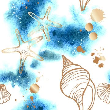 Vector seamless pattern with abstract watercolor background and gold seashells