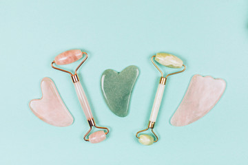 Facial massage kit. Face roller and gua sha massager made from natural stones.