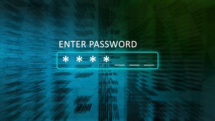 Enter password concept screen with a password box and asterisks. Abstract blurred background blue with green.