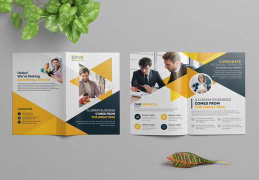 Bifold Business Brochure Layout with Orange Geometric Elements
