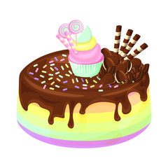 Rainbow chocolate cake isolated illustration, vector cartoon design.