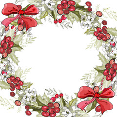 Christmas frame with holly branches, red berries and bows, flowers on white background. For festive season design, advertisement, greeting cards, invitation, posters. Vector illustration.