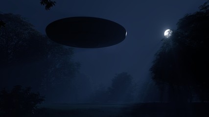 Fototapeta premium 3d ufo flew over the wild forest at night