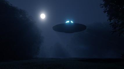 3d ufo flew over the wild forest at night