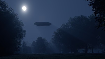 Fototapeta na wymiar 3d ufo flew over the wild forest at night