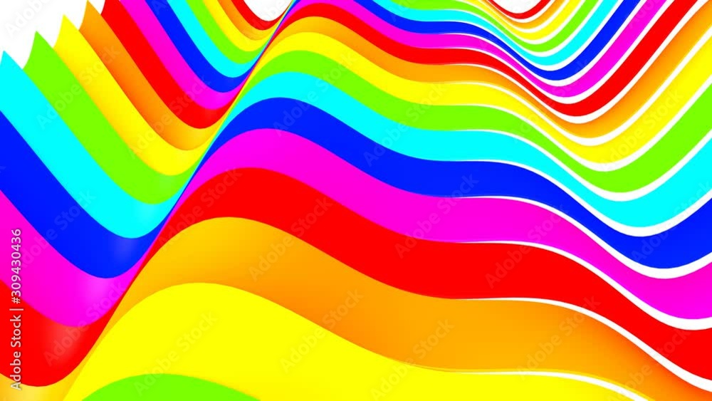 Poster rainbow three-dimensional stripes move in waves. warping animated background. 3d render