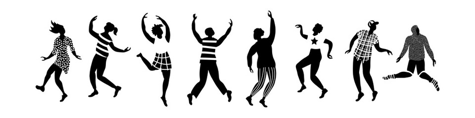 Horisontal banner with black and white silhouettes of dancing people. Set of different poses isolated on white background. Vector illustration.